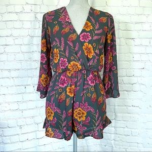 EVERLY Forest Green V Neck Floral Romper with Statement Sleeves and Ruffled Hem